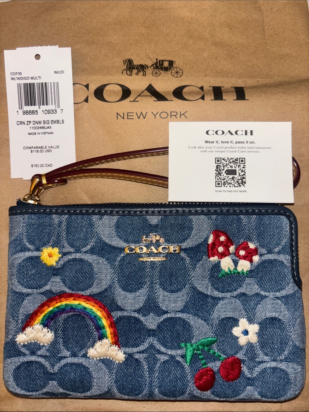 NWT Coach Indigo Denim Wristlet Corner Zipper with Rainbow & Embroidered Patches